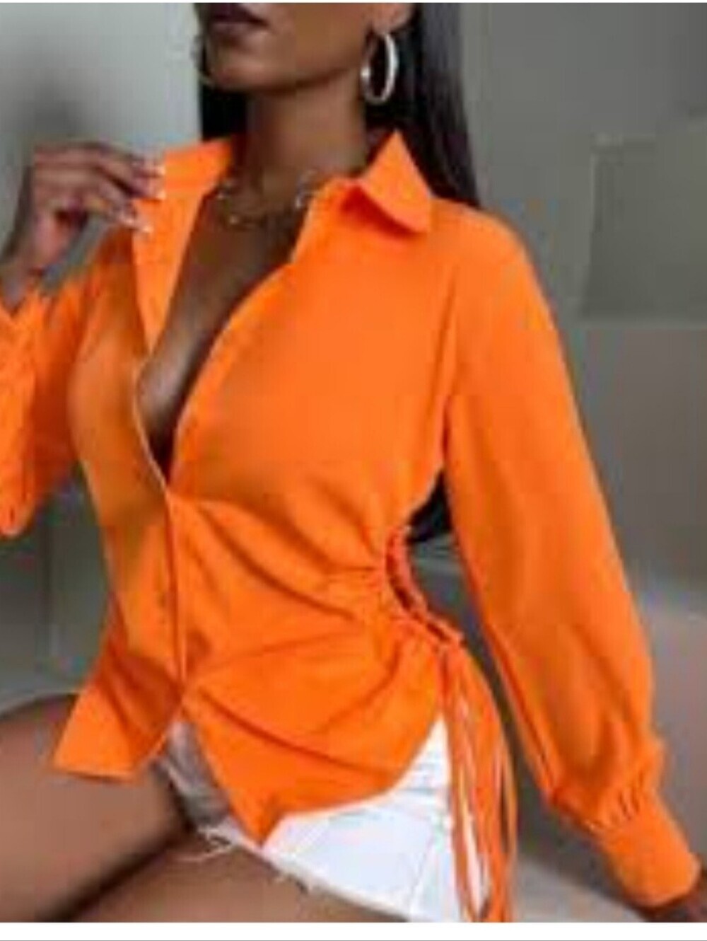 WoMen's Long-Sleeve Orange Button-Up Shirt